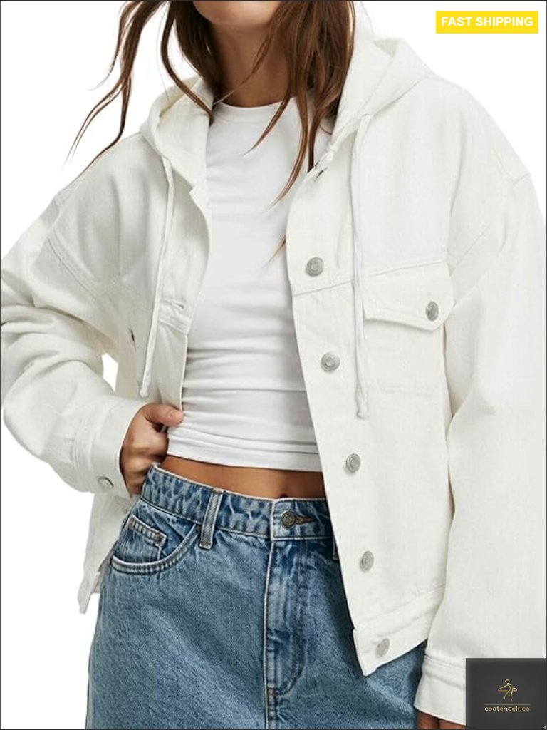 Cropped Hooded Denim Jacket Oversized Y2k Button Down Long Sleeve With Pockets